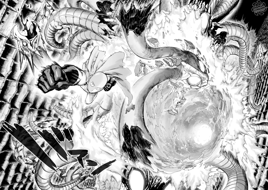 Orochi's flaming body has a huge hole with the snakes destroyed after Saitama emerges with a punch.