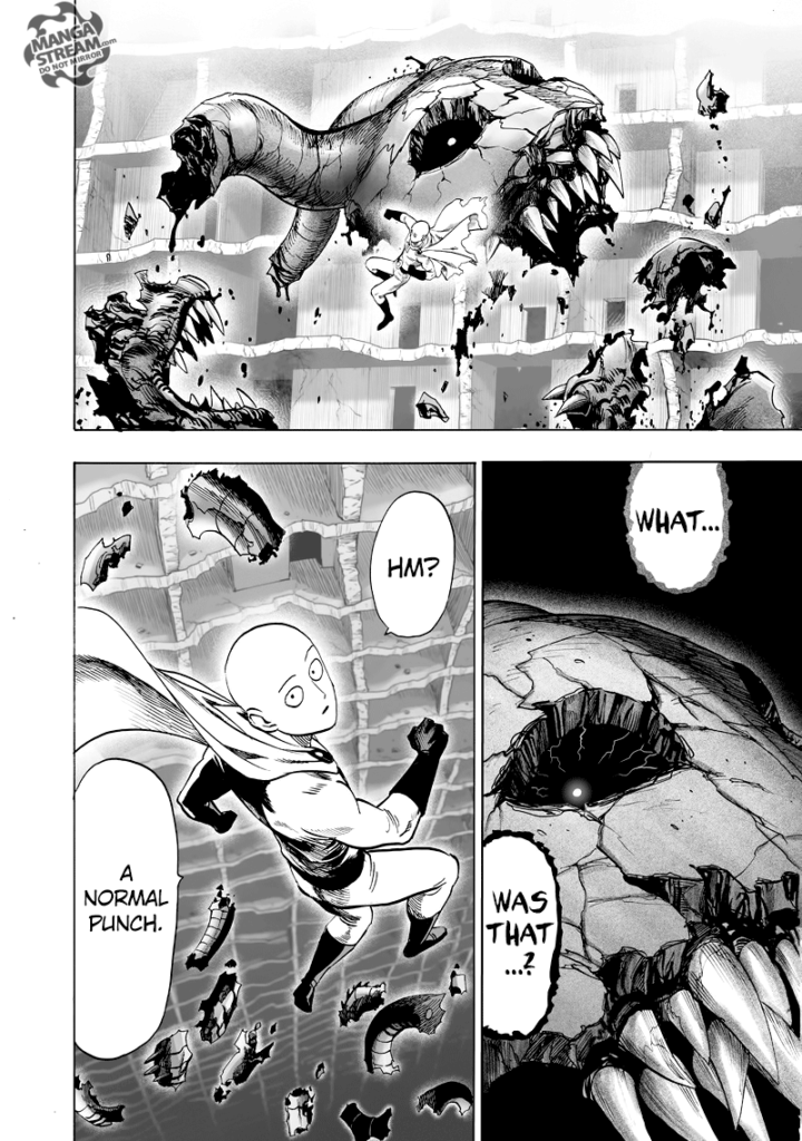 Orochi's destroyed head floats in the air and asks Saitama about that punch. Saitama looks at the destroyed head.