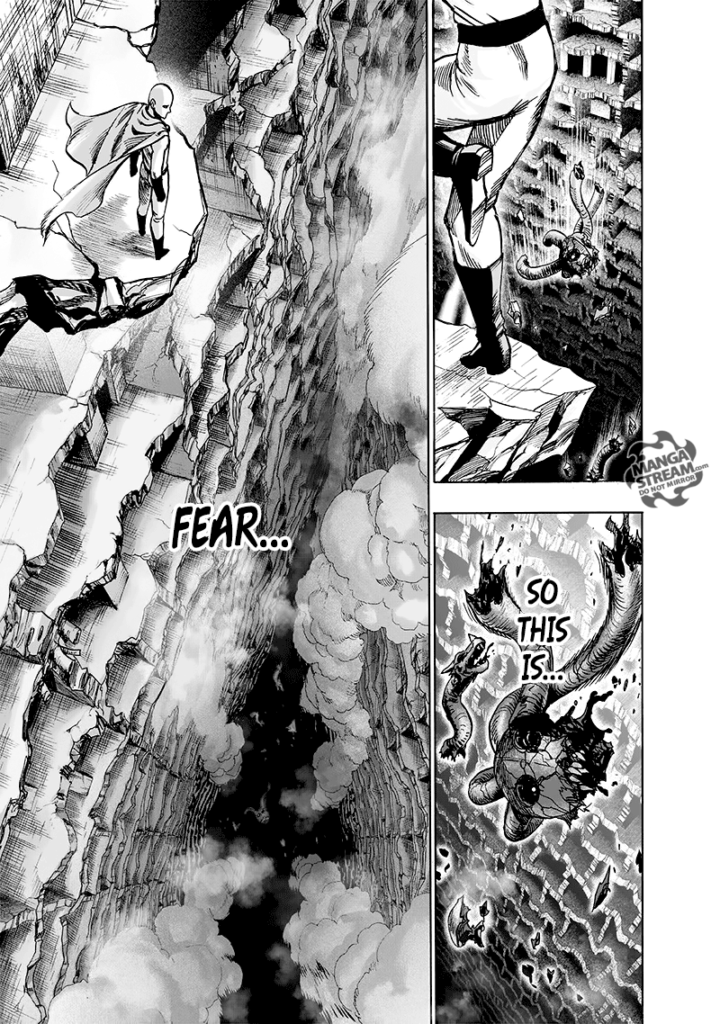 Saitama lands on the side of the concrete as Orochi falls to the depths of the Monster Association base.