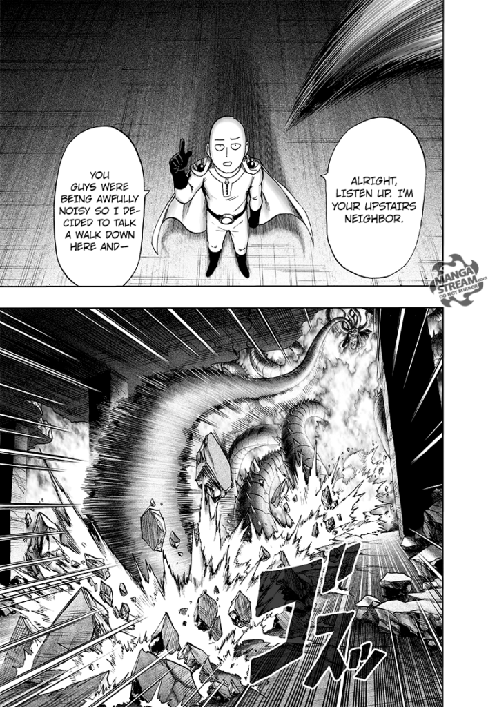 Orochi suddenly attacks Saitama, who is still talking, with one of its horns.