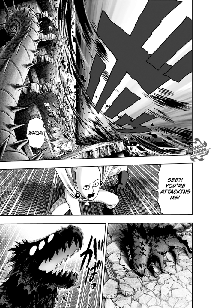 Saitama dodges and jumps to the side while the monster dog Rover awakens.