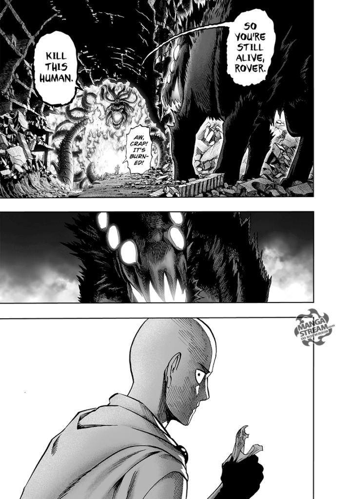 Saitama looks behind and sees Rover up on his legs with glowing eyes looking at him.