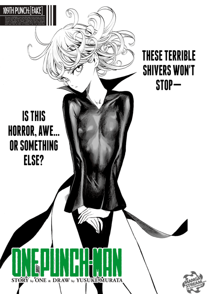 Tatsumaki is standing and looking sexy.