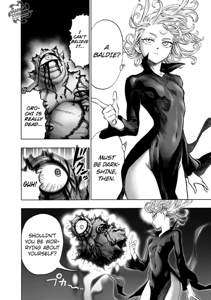 Tatsumaki notices Gyoro-Gyoro and flicks her hand. The bloody Gyoro-Gyoro starts floating while glowing.