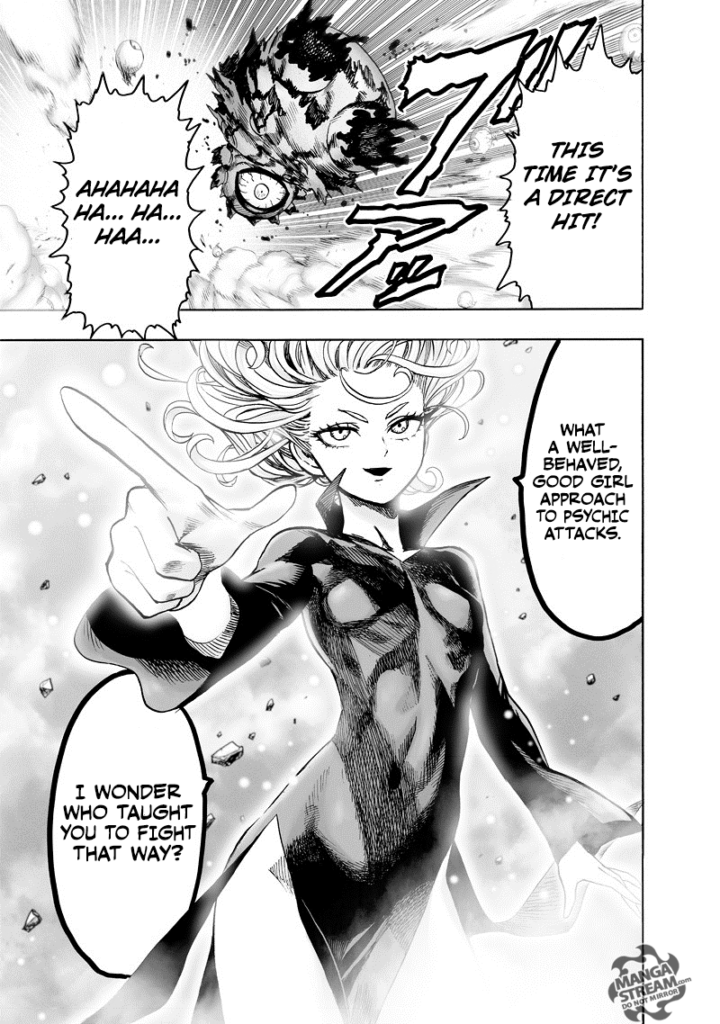 Gyoro-Gyoro starts floating swiftly while heavily damaged. Tatsumaki glows while pointing her fingers.