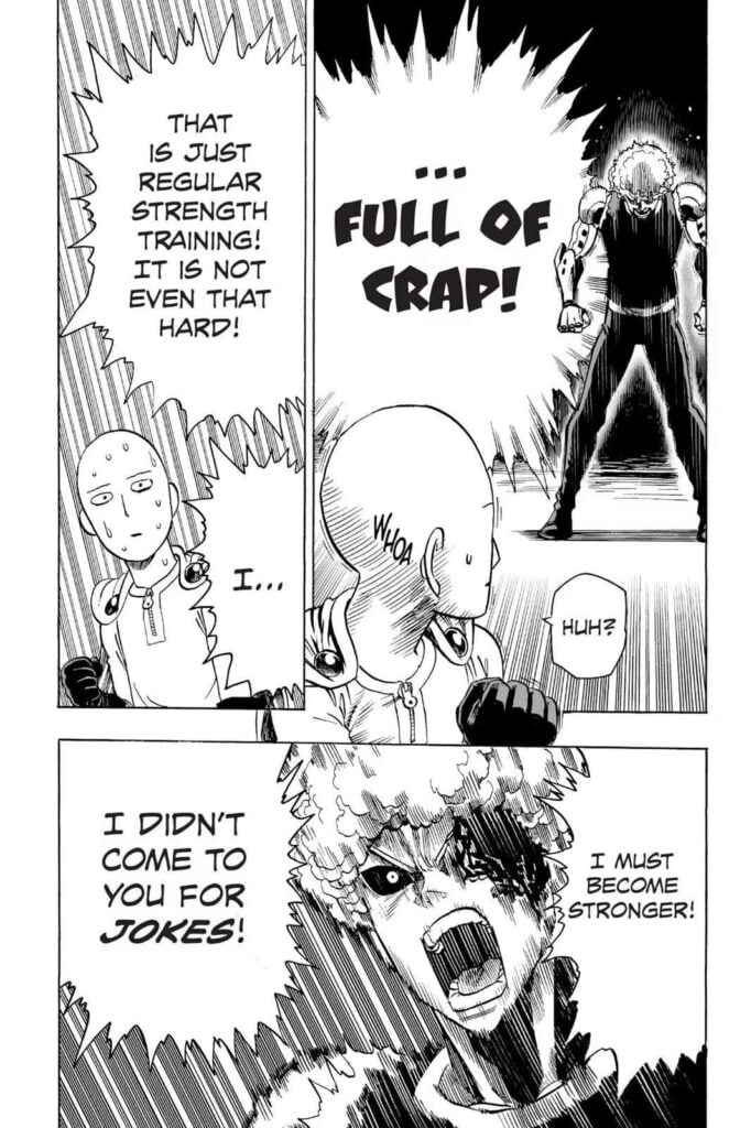 Cyborg Genos getting mad because he thinks Saitama Sensei is not serious with his advice.