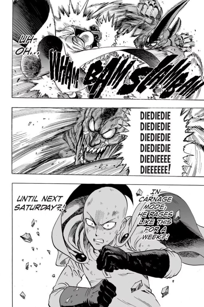 Saitama looks worried while defending against the onslaught of attacks that he realized would last until next Saturday.