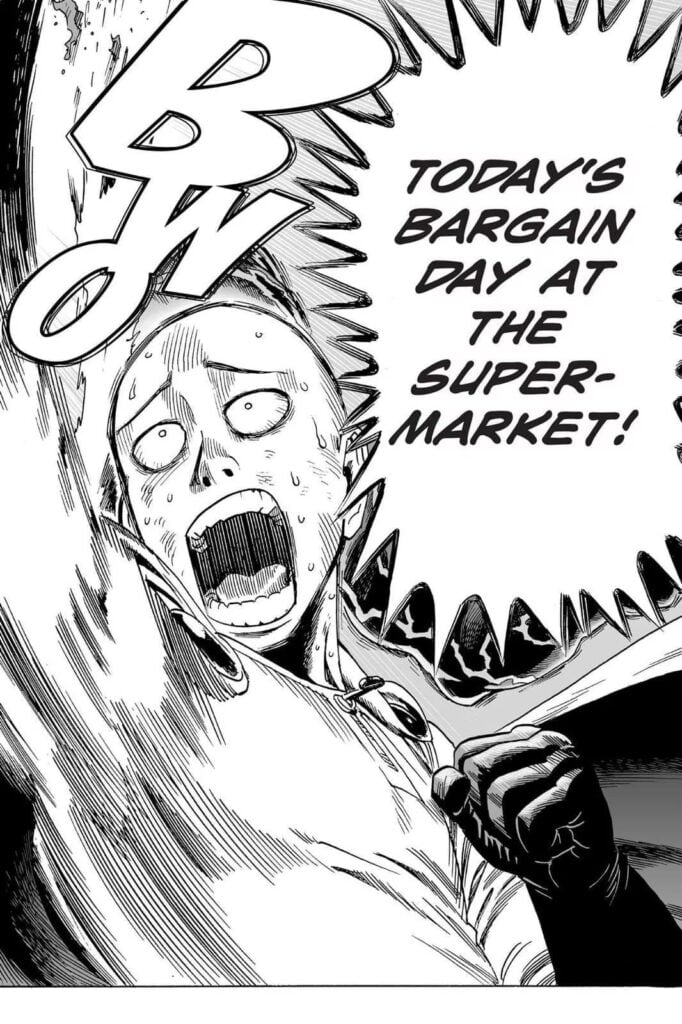 Saitama releases a right counter upper cut while he looks worried because today is bargain day.