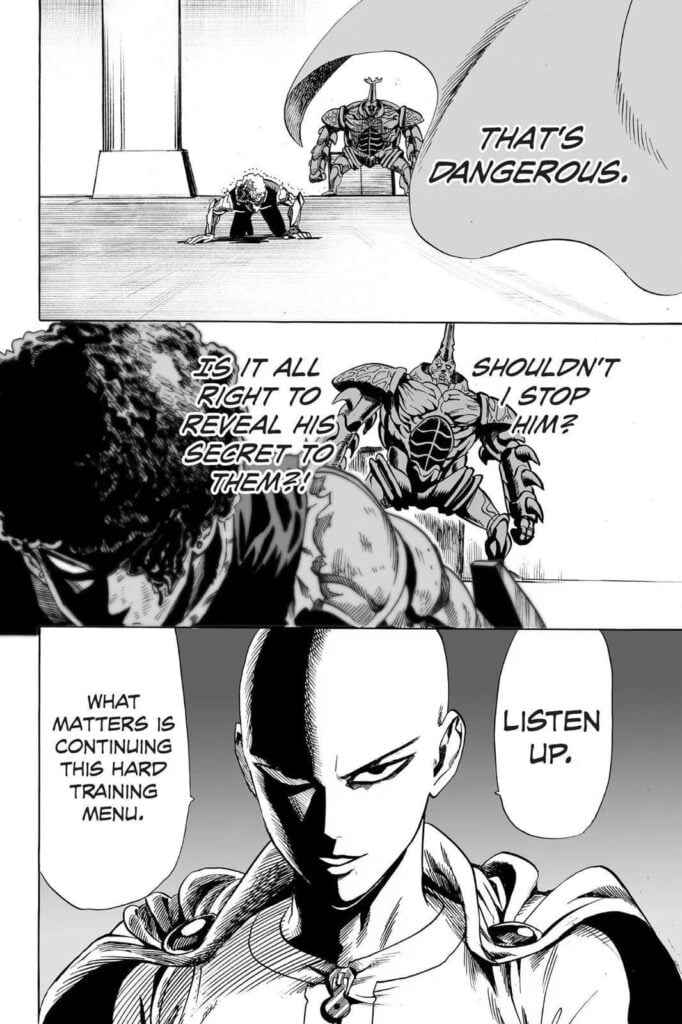 Saitama seriously giving out the secrets of his ultimate strength to Genos and Carnage Kabuto.