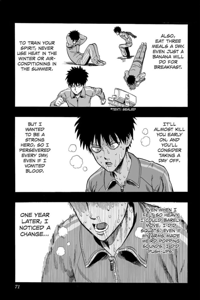 Cut to Saitama's past, young Saitama performing his training regimen.