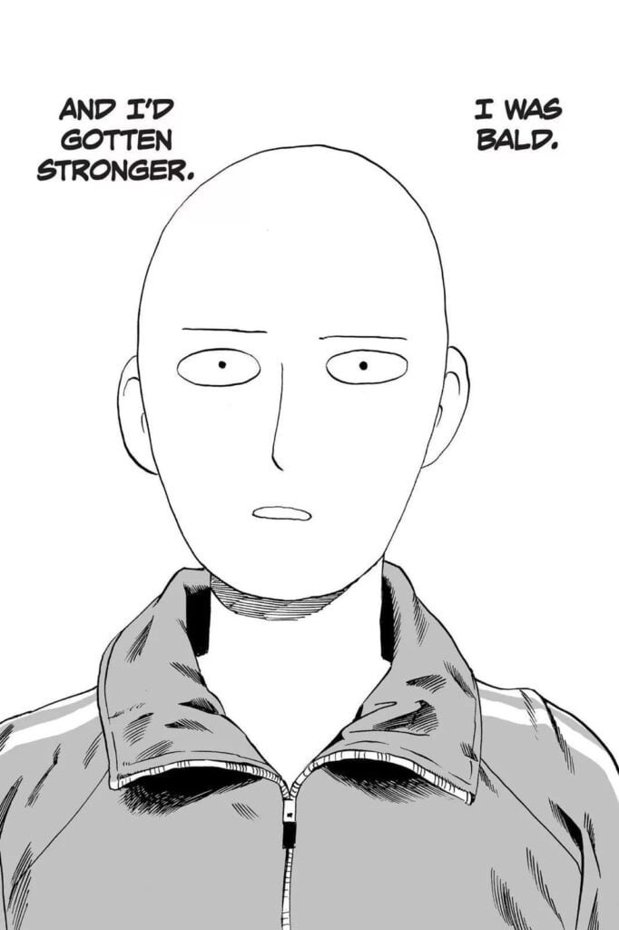 Saitama with an egg-shaped bald head and un-serious facial expression.