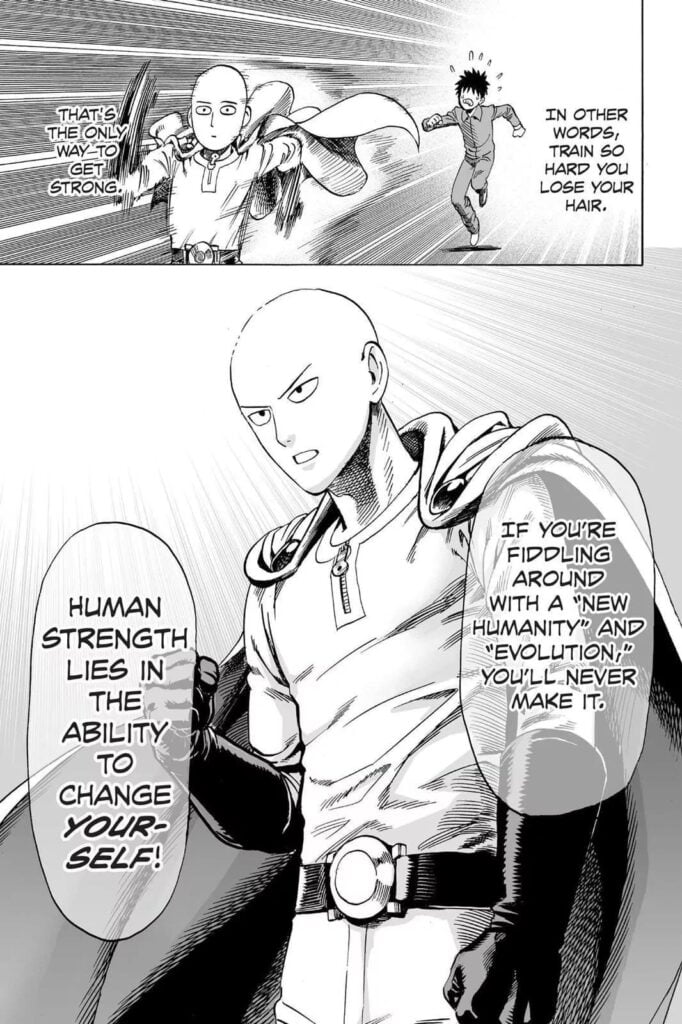 Saitama remembering his training regimen while giving advice.