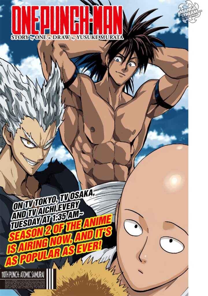 The color cover page shows a seriously bald Saitama, a smiling Garou, and a shirtless Suiryu.