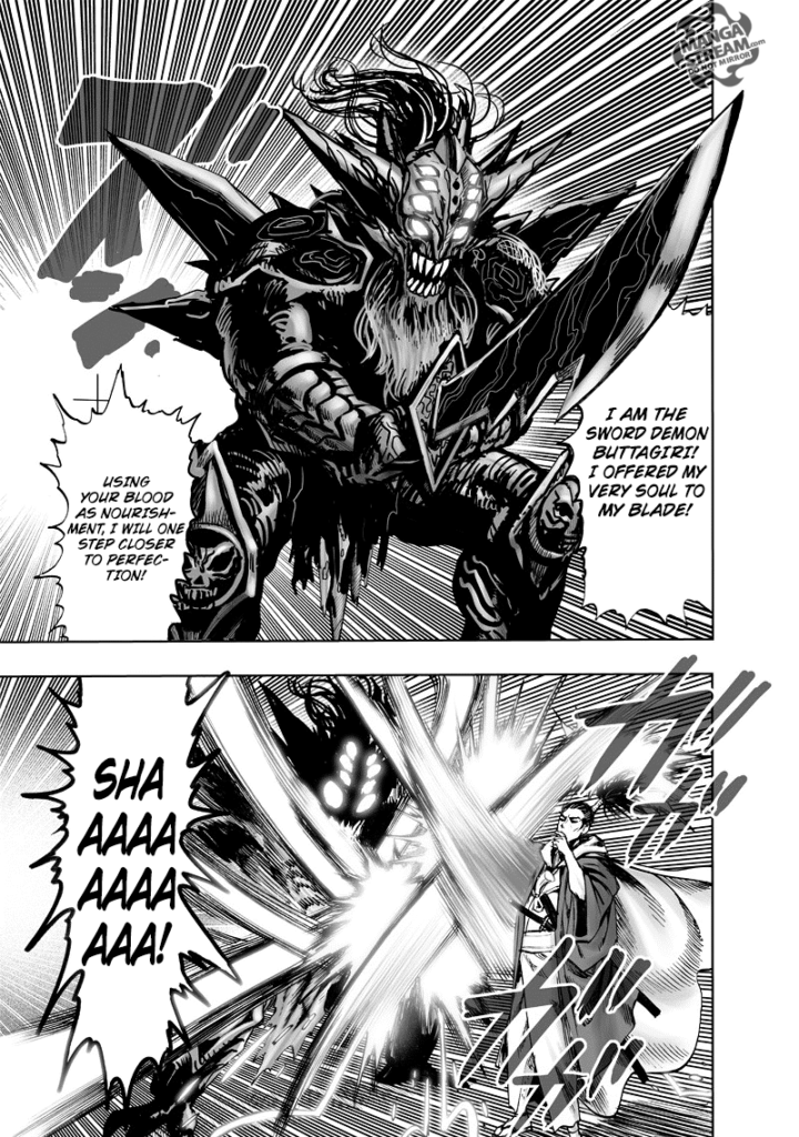 A black hideous looking monster called Sword Demon Buttagiri appears with a sword and attacks Atomic Samurai.