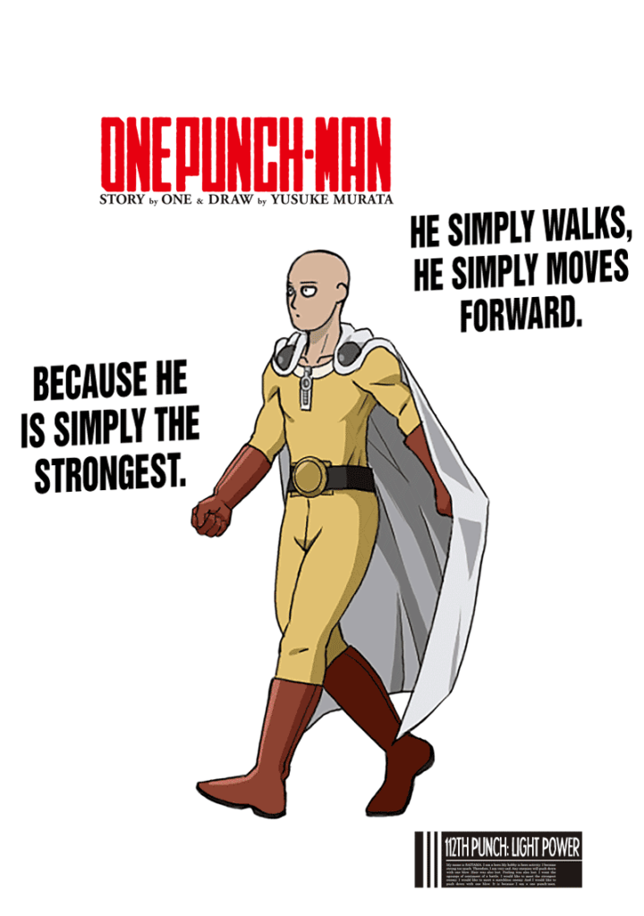 Color page of Saitama walking while wearing his hero uniform.