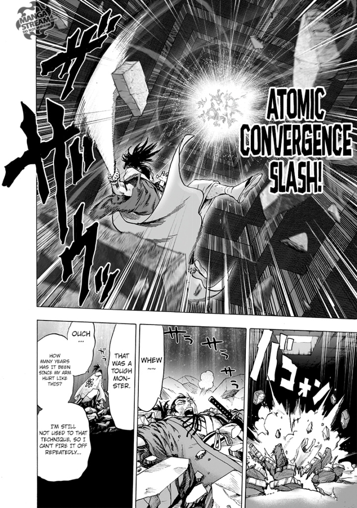 Atomic Samurai falls on the rubble after obliterating Black Sperm's copy using his new technique, "Atomic Convergence Slash."