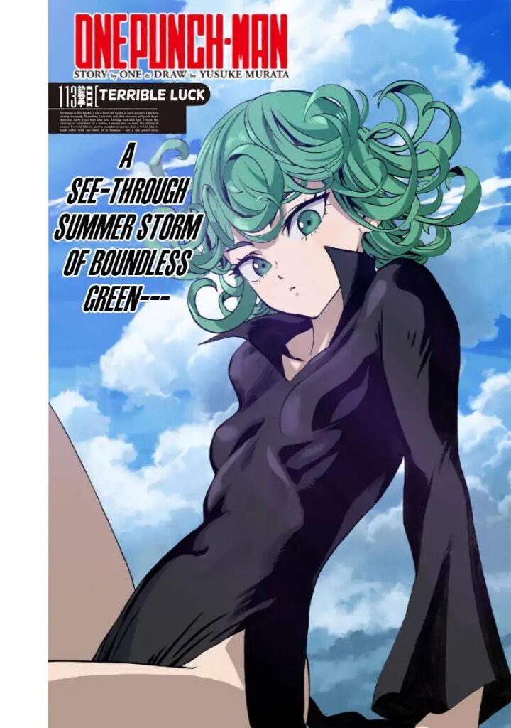 Color image of a green-haired Tatsumaki sitting with blue and cloudy skies behind her.