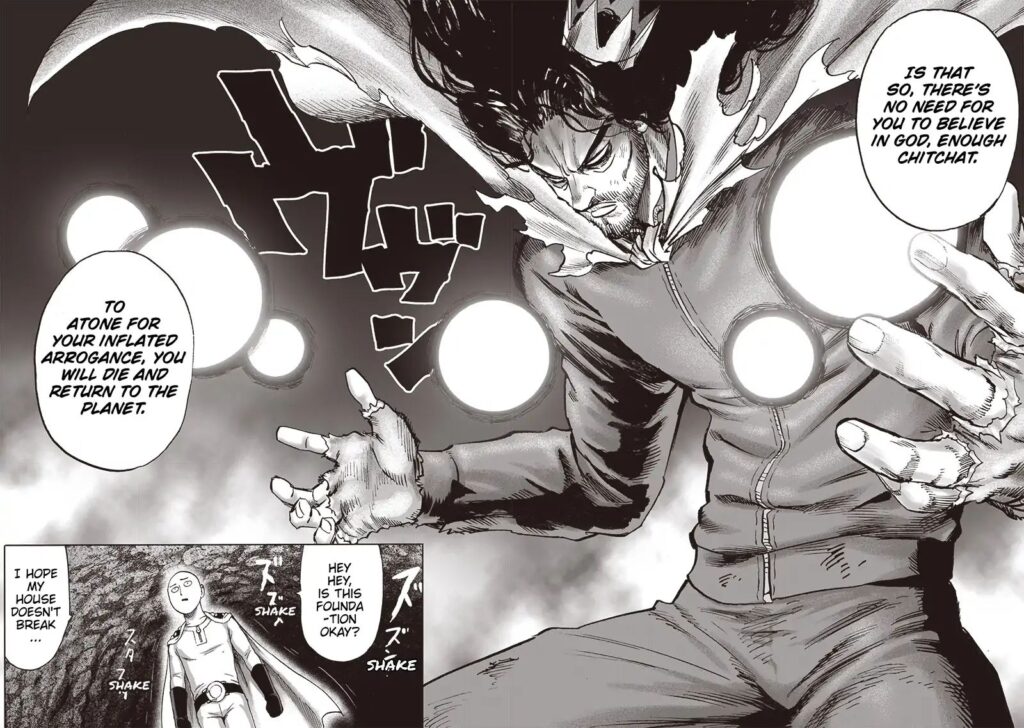 Homeless Emperor spreads his arms and creates more energy lights around him while Saitama walks inside the tunnel.