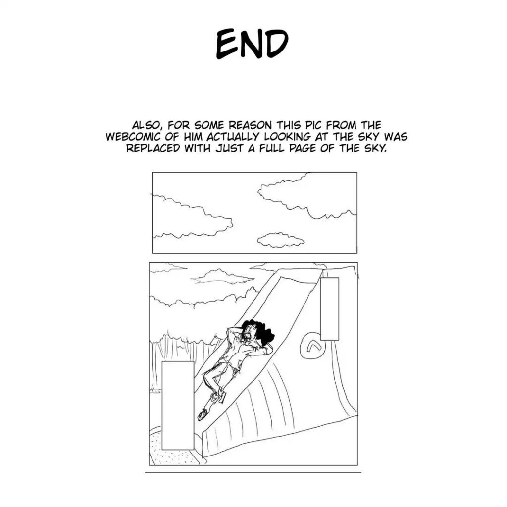 End chapter featuring webcomic version of Homeless Emperor lying on the children's slide looking at the sky.