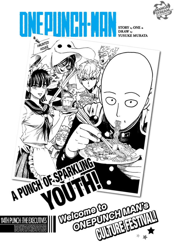 Saitama eating noodles with Fubuki, Genos, Garou, Sonic, and Tatsumaki watching happily from behind.