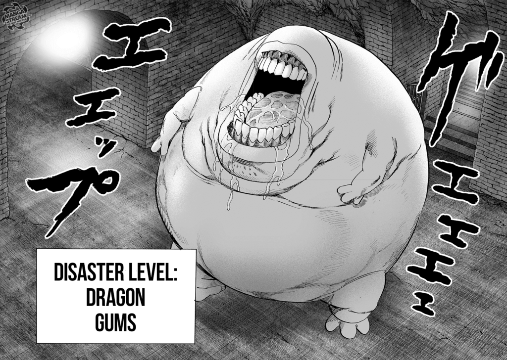 The monster's name is Disaster Level Dragon Gums. He opens his mouth while salivating.