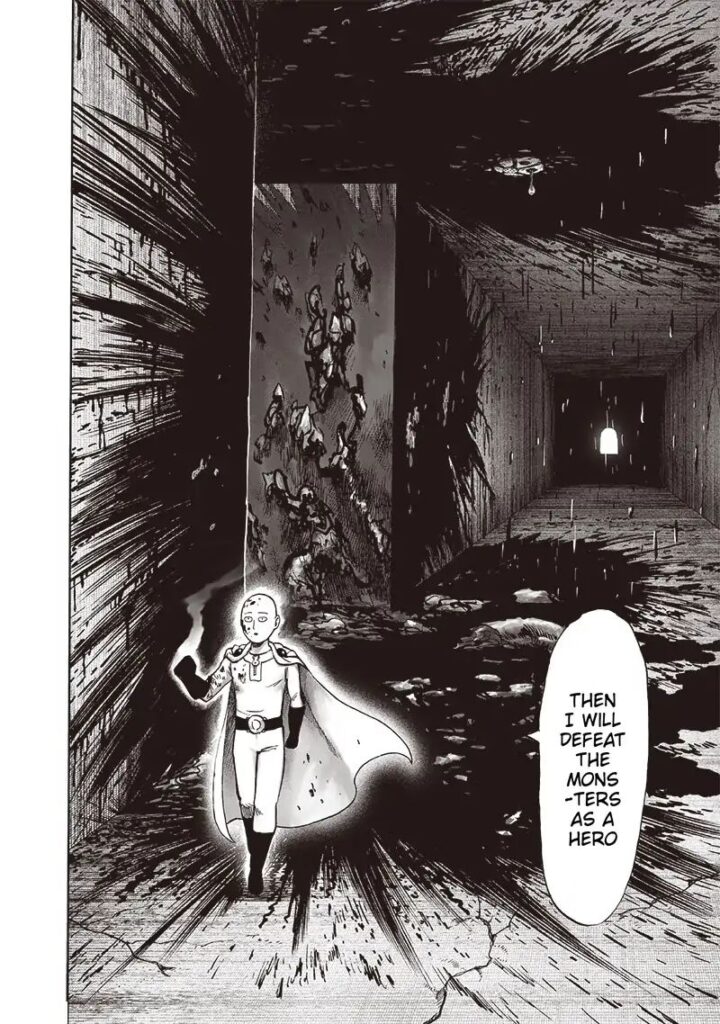 Saitama continues walking while lifting his fist and leaving splattered blood all over the floor, ceiling, and walls.