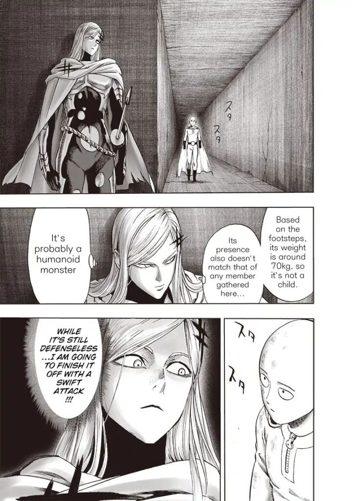 Flashy Flash stands behind a corner, waiting for Saitama to pass so he can attack him after not knowing he's a hero.