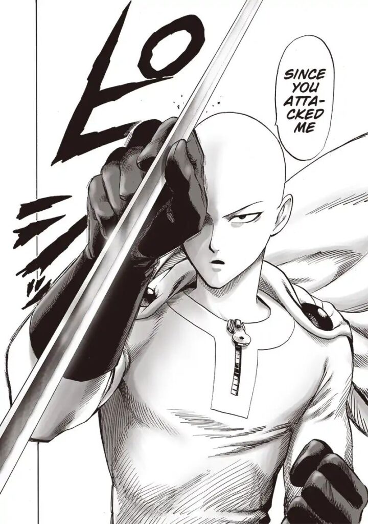 Saitama blocks his sword with one hand just by holding the blade. He now looks serious while clenching his face.