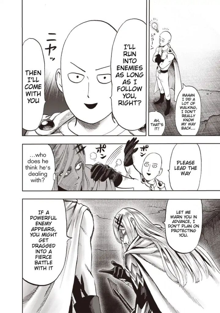 Saitama taps Flashy Flash's shoulder and tells him he will follow him since he doesn't know his way back.