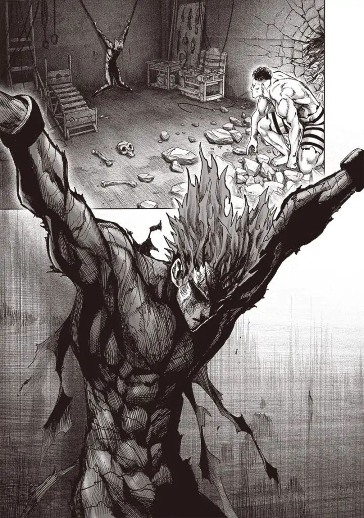 Puri-Puri Prisoner sees Garou bruised and unconscious, with both hands hanging and chained to a wall.