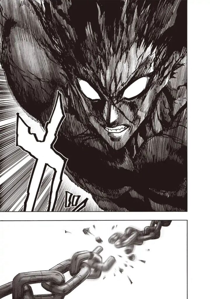 Garou menacingly opens his eyes and breaks the chain in his hands.