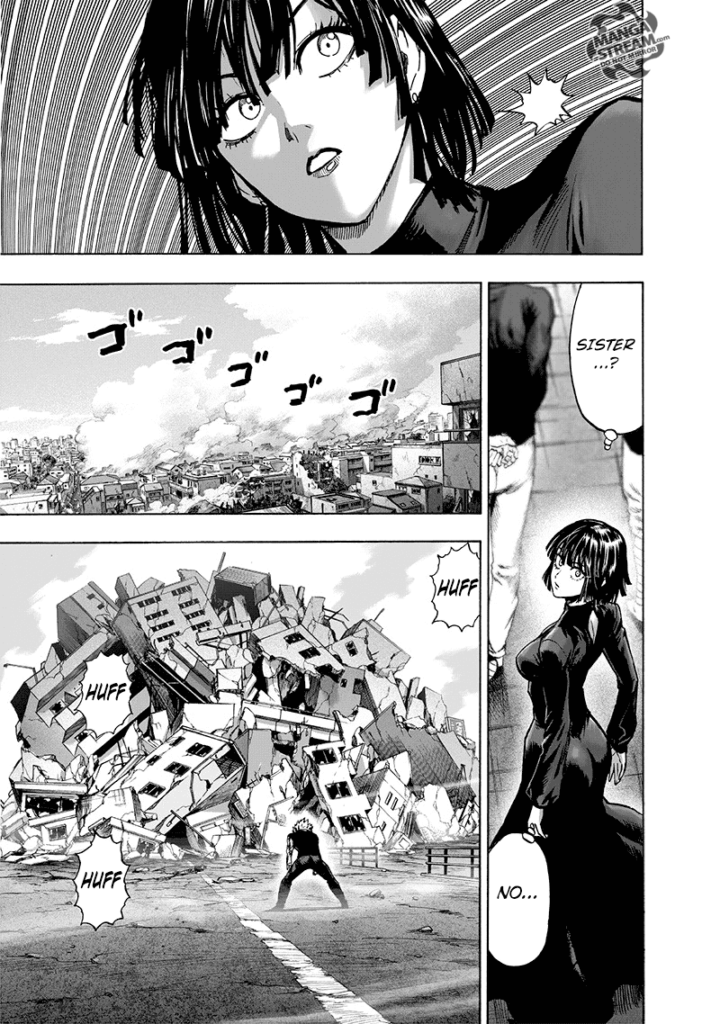 Fubuki notices Gearsper's psychic power. In front of Gearsper are rubbles of building concrete stacked together.