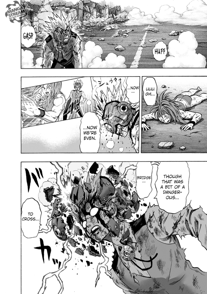 Gearsper glances behind and sees Mizuki unconscious. His helmet suddenly breaks into pieces as he collapses.