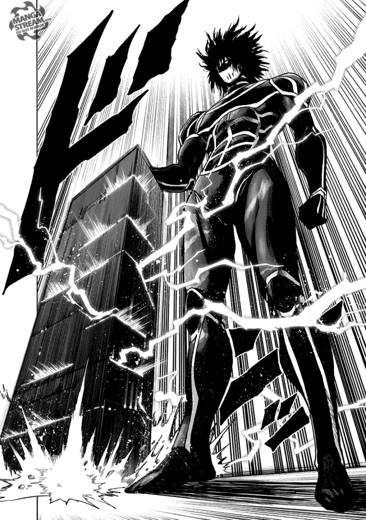 A cyborg/ robot hero appears with black hair and a mask holding a rectangular block that emits lightning.
