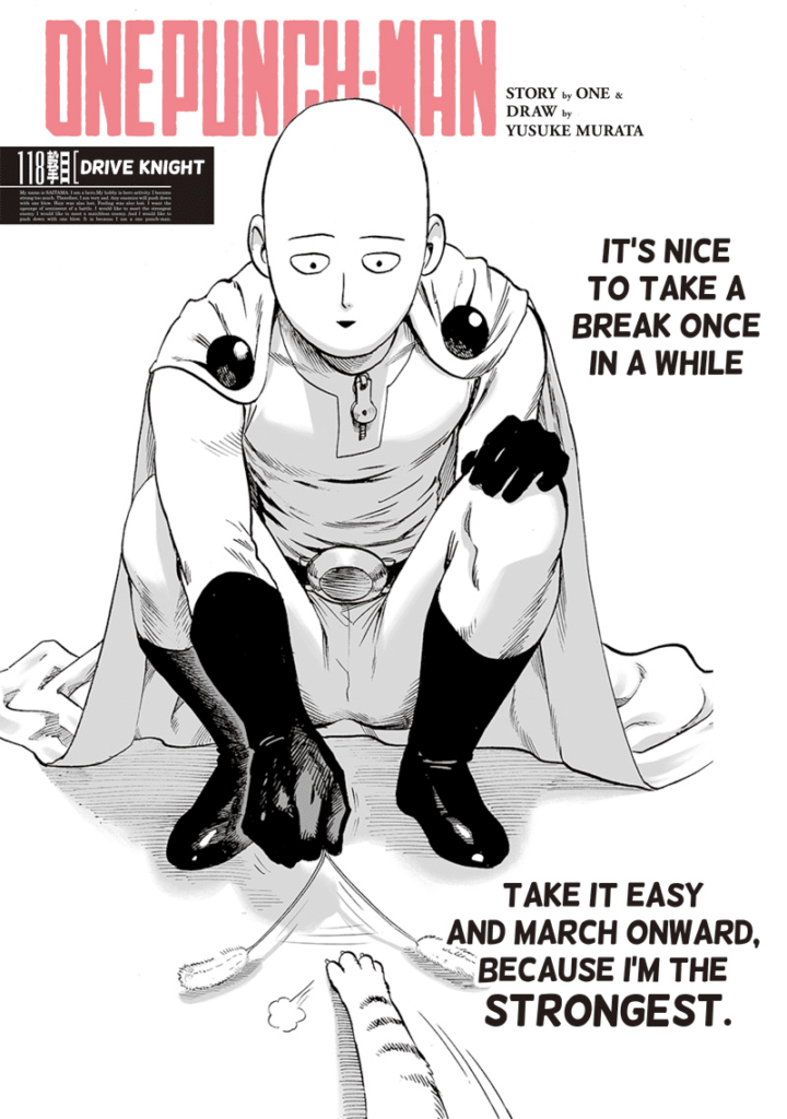 Saitama is sitting on his knees while playing with a cat's paw and chasing a toy.