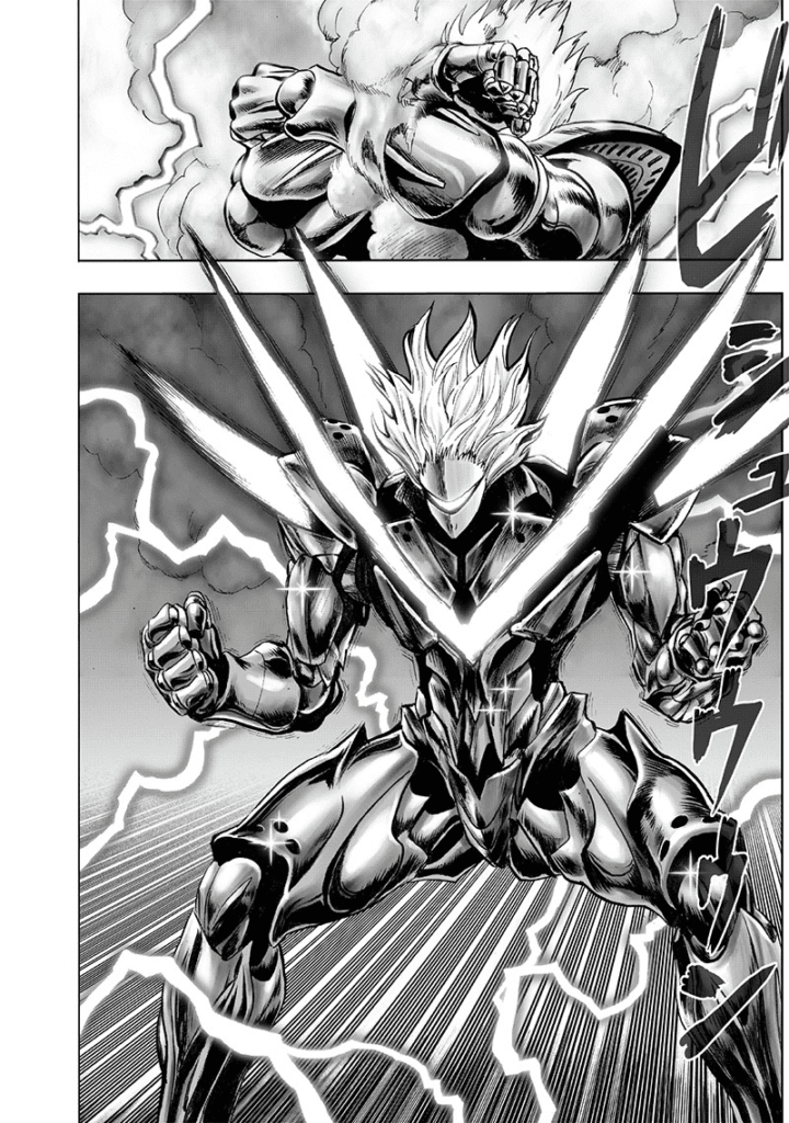 Drive Knight successfully defends with his arms, and his body looks different while being surrounded by lightning.