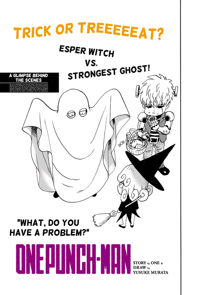 Chibi of Saitama disguises himself as a ghost by covering himself with a white cloth in front of Tatsumaki. Genos is eating.