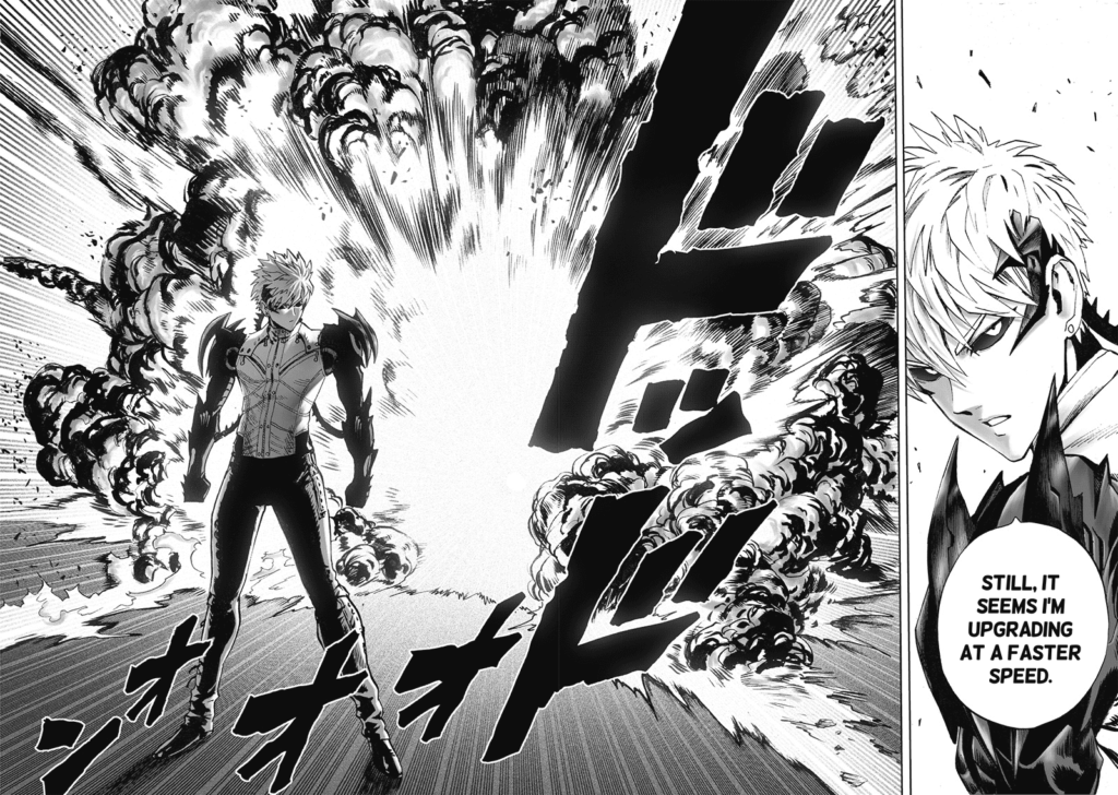 Genos glances behind him as the enemy explodes.