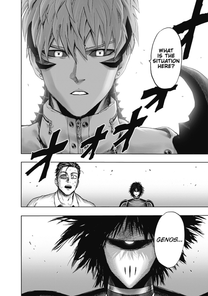 Genos, with an upgraded body, asks Sekingal and Drive Knight about the situation.