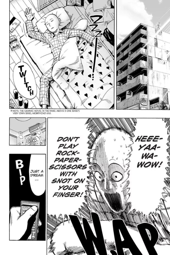 Cut to the scene, Saitama frantically woke up after dreaming about Rock-Paper Scissors.