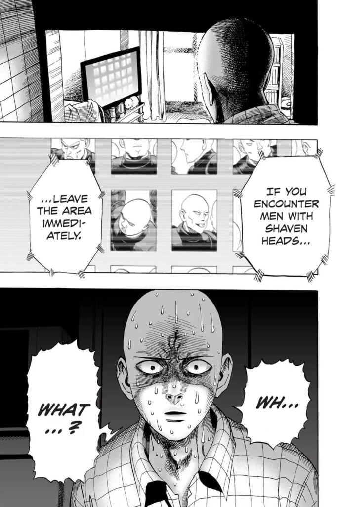 Saitama is getting extremely nervous, with his face sweating.