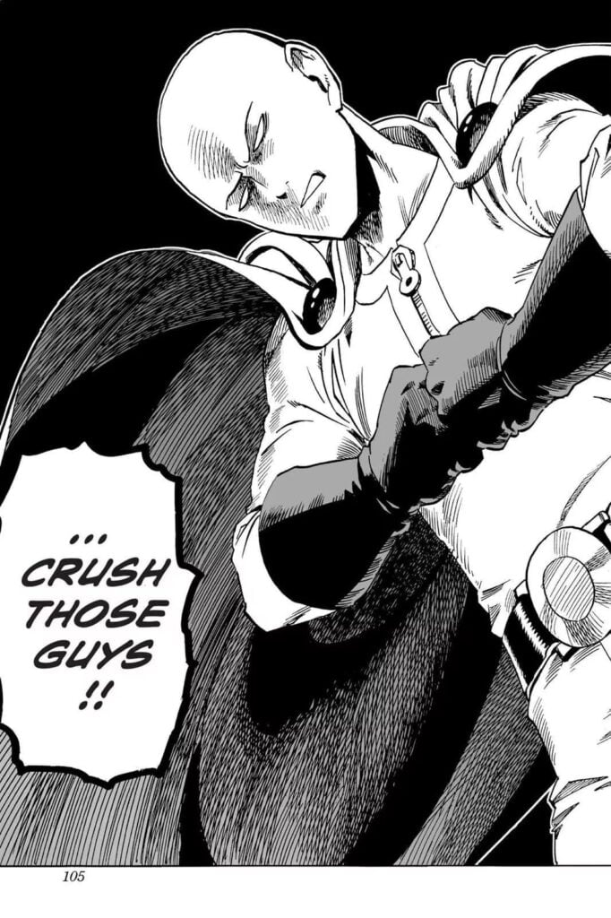 Saitama wears his costume while getting mad about the Paradisers' bald look.