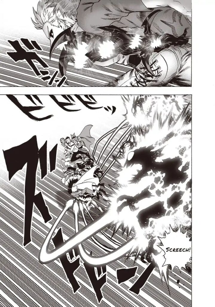 Genos fires missiles from his sides that burn the two monsters.