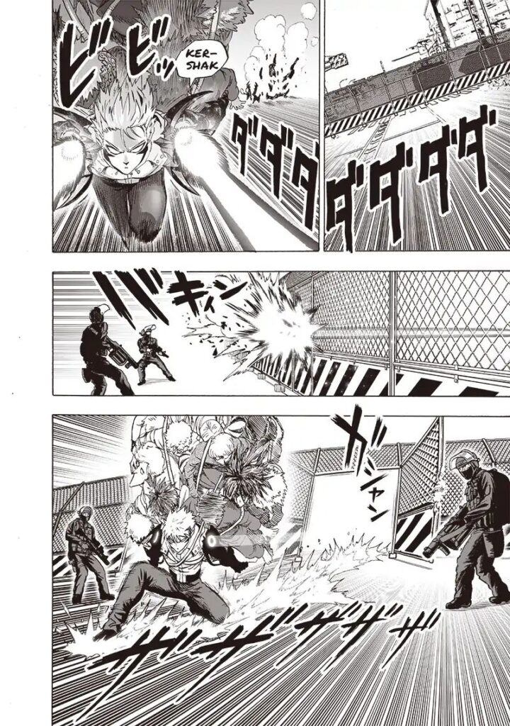 Genos pushes through and opens the fence where two armed soldiers are guarding.