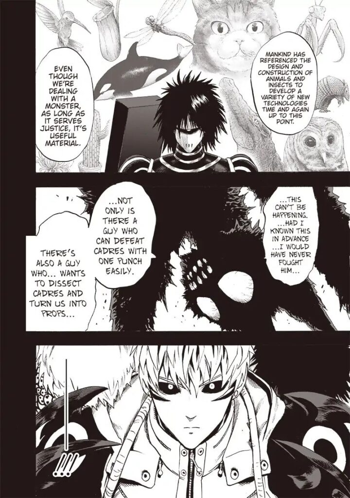 Drive Knight explains his plans to experiment with the cat. Nyan hears their conversation. Genos understands Drive Knight.