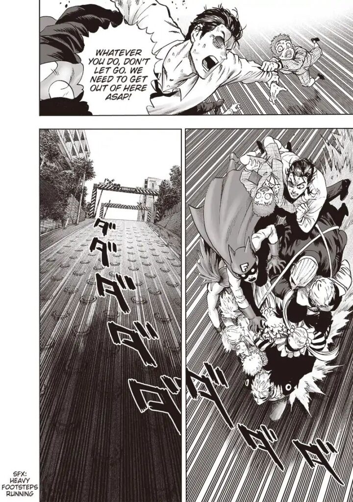 Genos carried Sekingal, Waganma, Food Battler Futoshi, and other heroes as he ran at top speed.