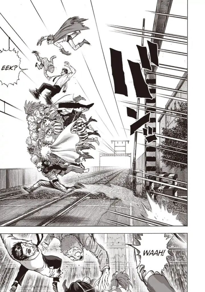 Sekingal, Waganma, and Food Battler Futoshi get thrown into the air as Genos hurriedly carries them out of the danger zone.