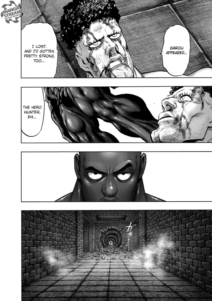 Puri-Puri Prisoner says he lost to Garou. Superalloy Darkshine looks at the hole in the wall Puri-Puri Prisoner made.