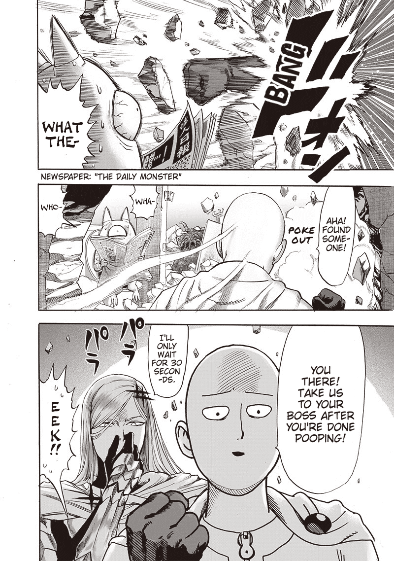 Saitama and Flashy Flash arrive at the room where the monster is pooping in the toilet while reading a newspaper.