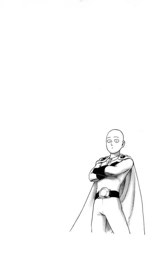 Saitama is standing while crossing his arms.